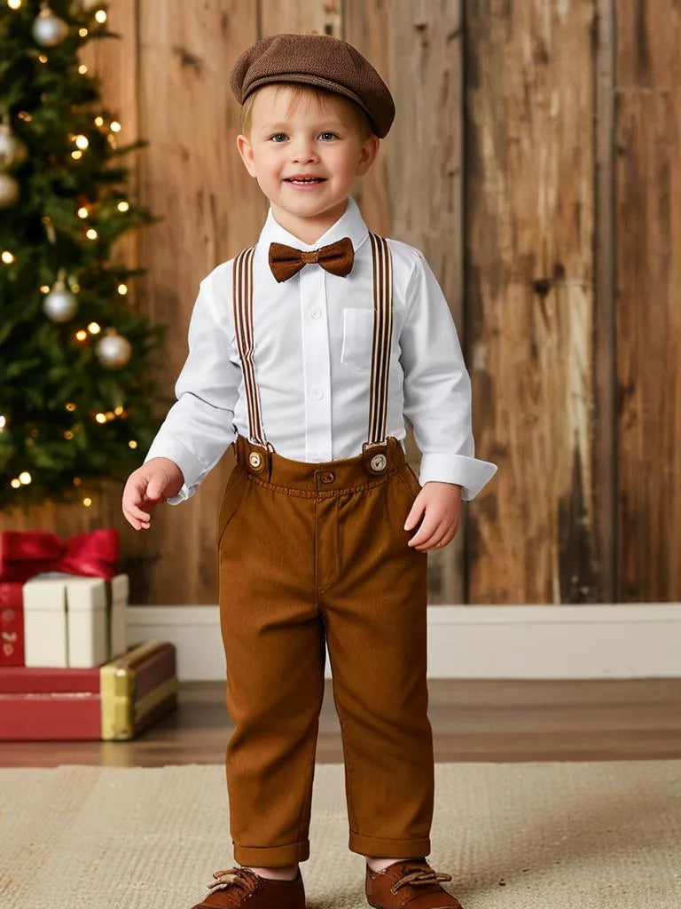 "BabZ-newborn baby boy dress clothes-Charming baby boy outfit with a white shirt, brown pants, adjustable suspenders, a bow tie, and a beret, perfect for special occasions-baby boy dress clothes 6-9 months"